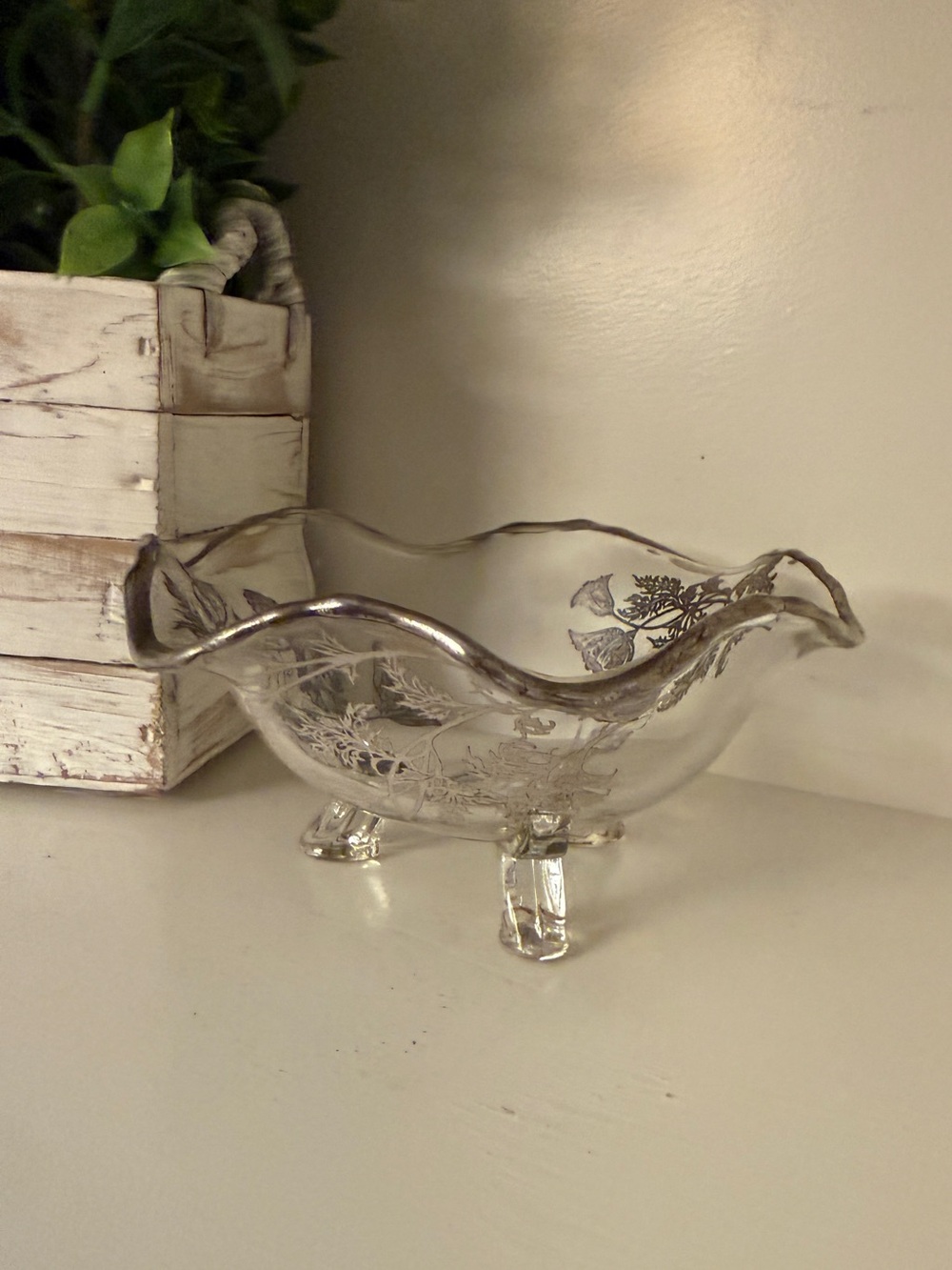 Silver City Flanders Poppy Silver Overlay Crystal 3 Footed Dish MCM Vintage